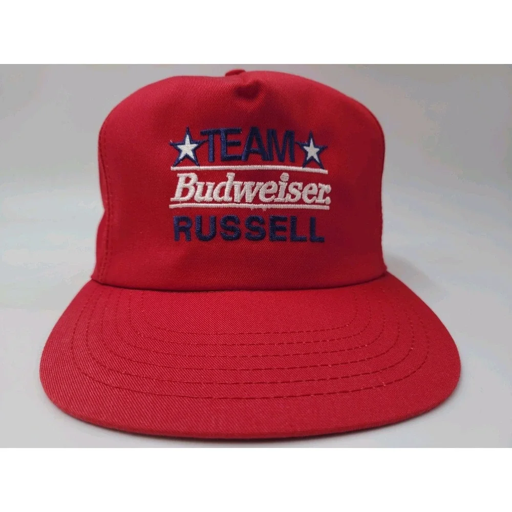 Vintage Budweiser Team Russell Snapback Hat Cap Bud Beer 80s Men Made in USA Red